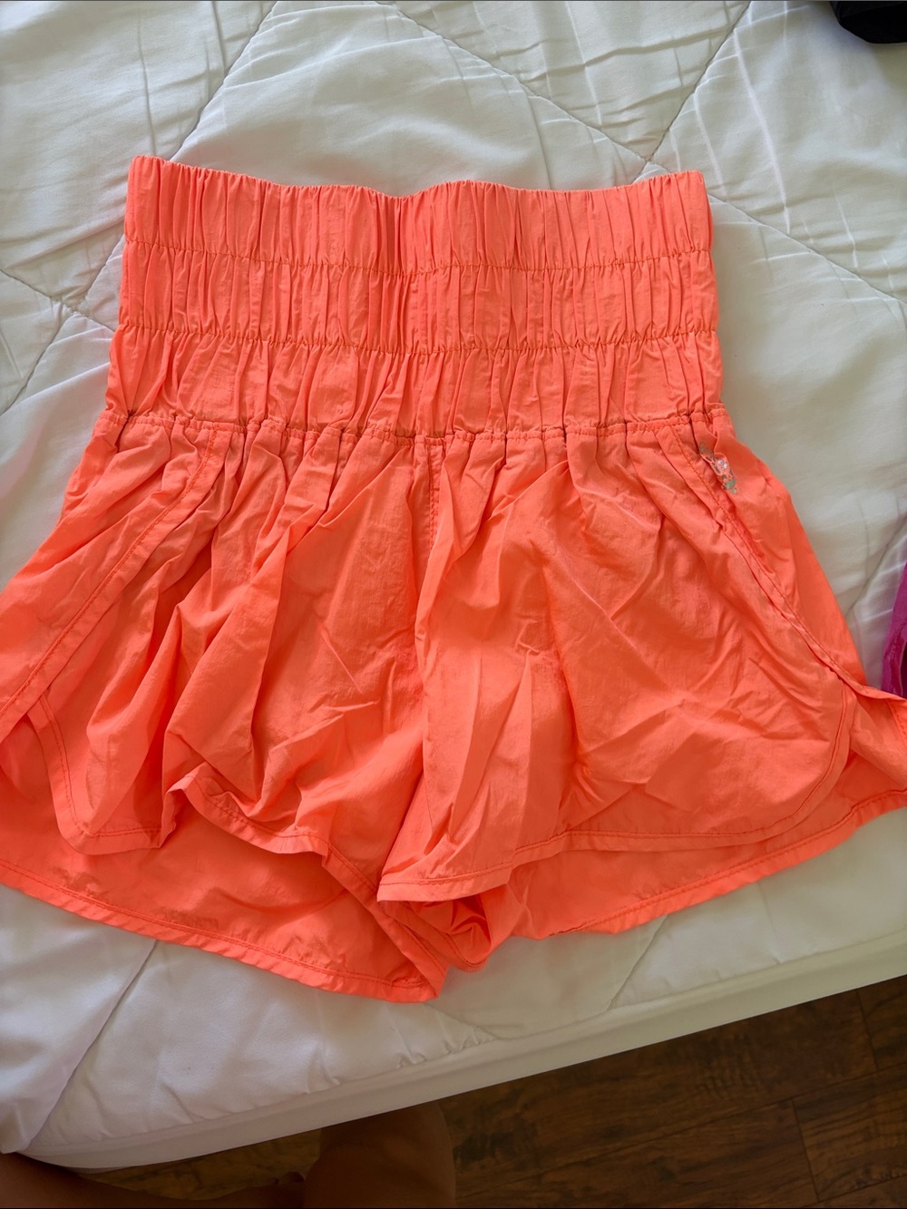 Women's High-Waist Smocked Neon Coral Shorts